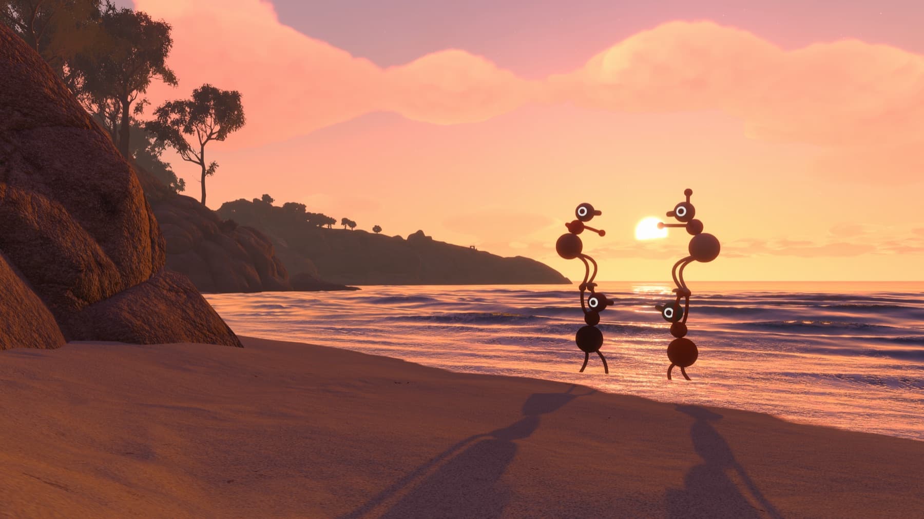 Big Walk characters making shapes together on a beach at sunset